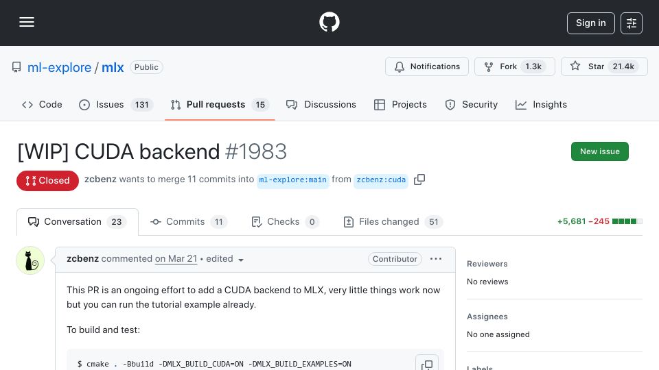 Screenshot of github.com: Apple's MLX adding CUDA support