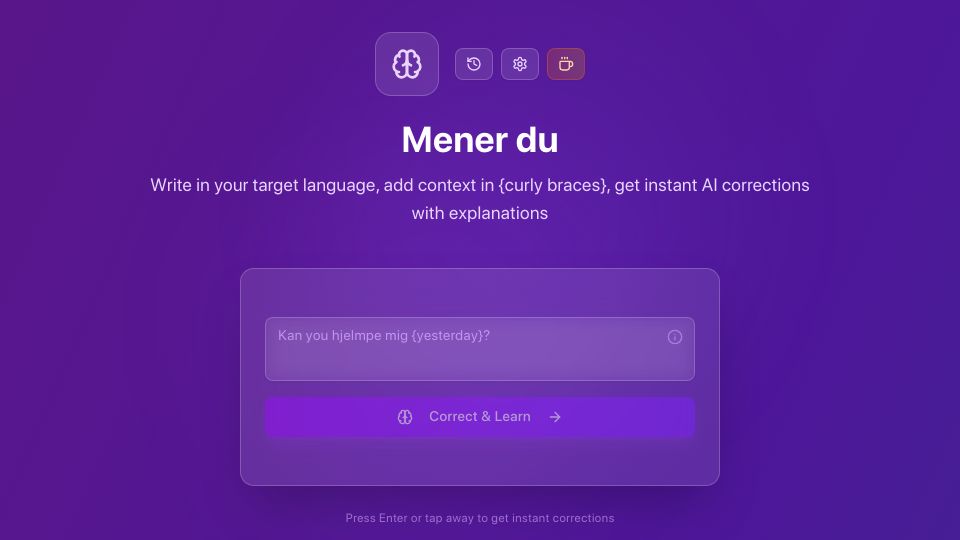 Screenshot of menerdu.vercel.app: Show HN: I built this to talk Danish to my girlfriend – works with any language