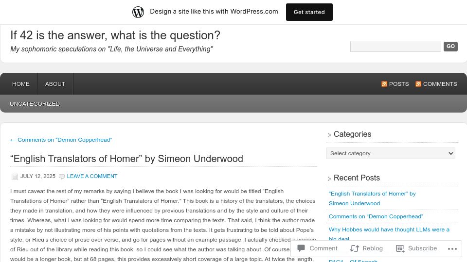 Screenshot of whatisthequestion.wordpress.com: "English Translators of Homer": A Review