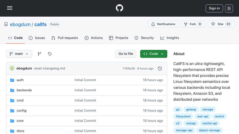 Screenshot of github.com: Show HN: CallFS – S3-style object store in one Go binary (MIT)