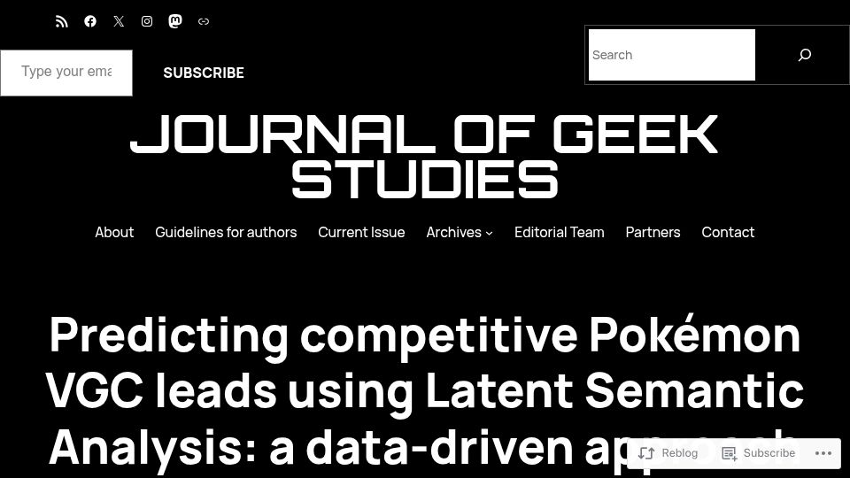 Screenshot of jgeekstudies.org: Predicting Competitive Pokémon VGC Leads Using Latent Semantic Analysis