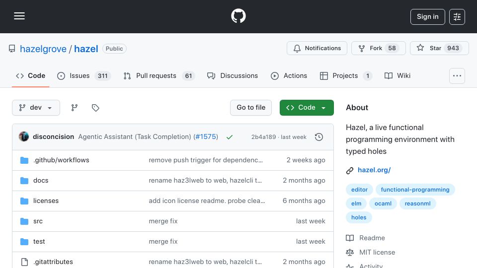 Screenshot of github.com: Hazel: A live functional programming environment with typed holes