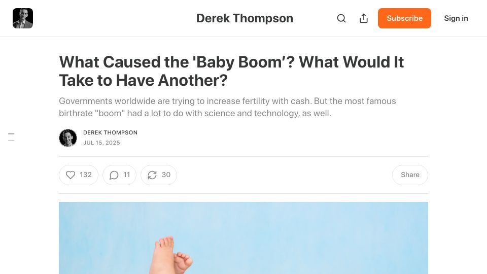 Screenshot of derekthompson.org: What caused the 'baby boom'? What would it take to have another?
