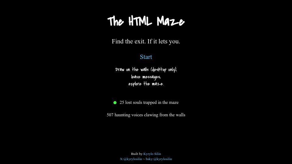 Screenshot of htmlmaze.com: Show HN: The HTML Maze – Escape an eerie labyrinth built with HTML pages