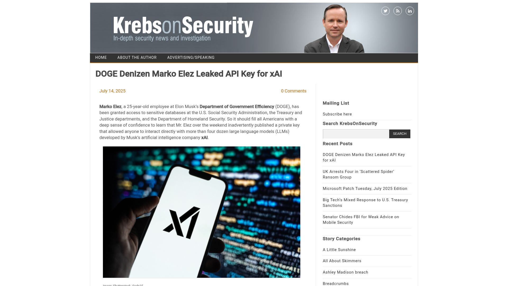 Screenshot of krebsonsecurity.com: Doge Denizen Marko Elez Leaked API Key for XAI