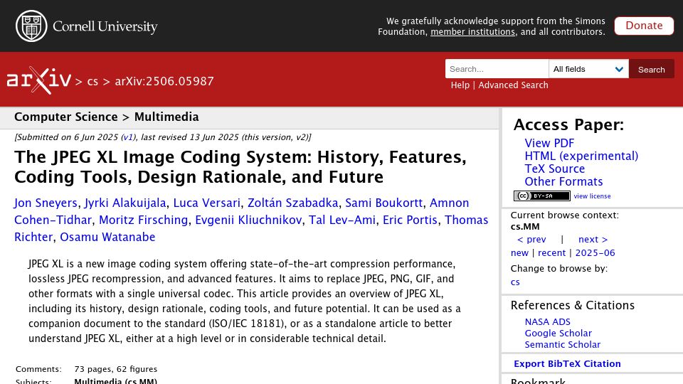 Screenshot of arxiv.org: The JPEG XL Image Coding History, Features, Coding Tools, Design Rationale