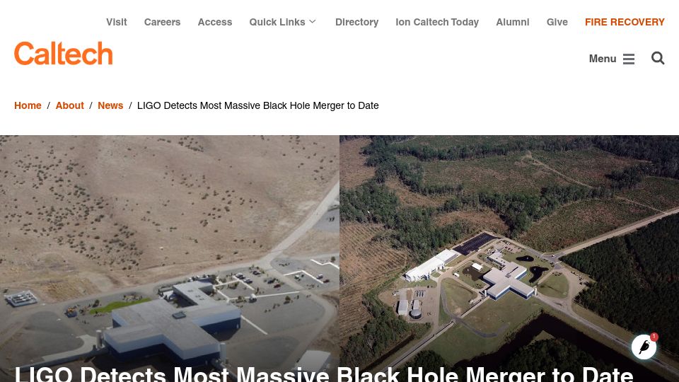 Screenshot of caltech.edu: LIGO detects most massive black hole merger to date