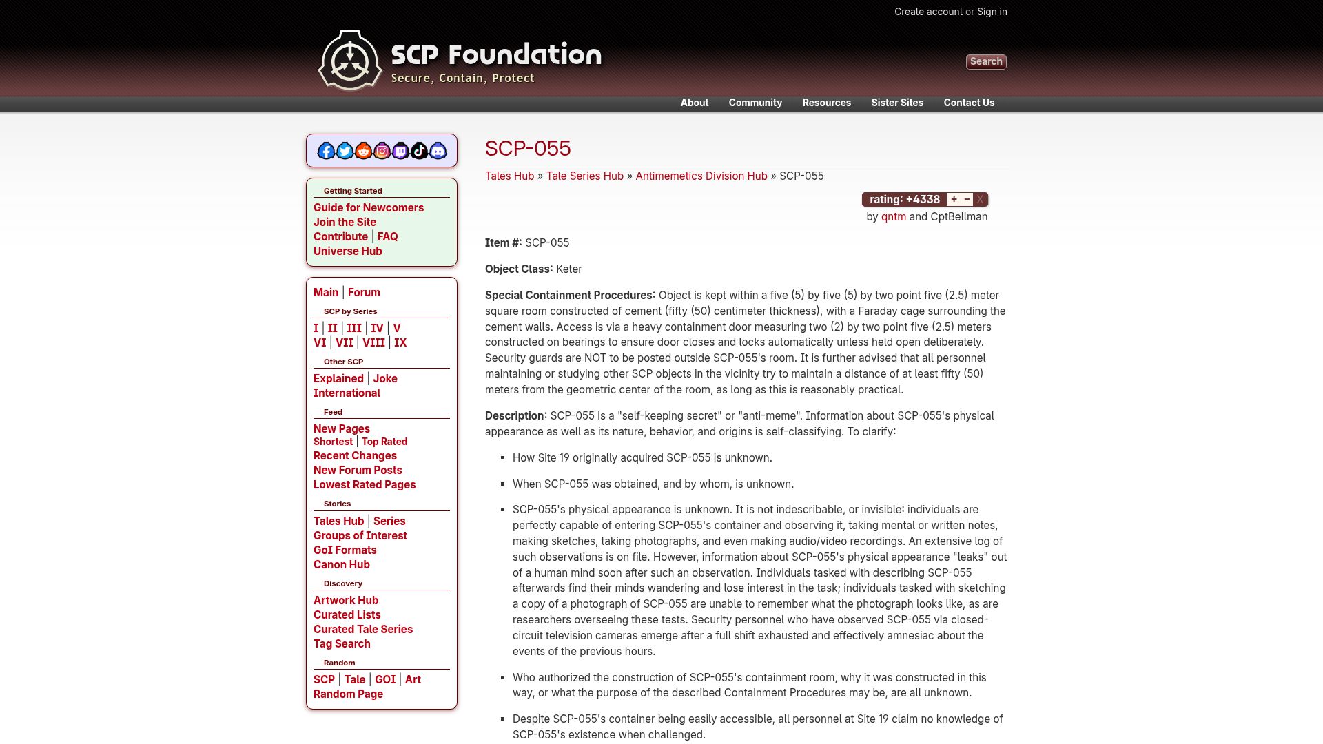 Screenshot of scp-wiki.wikidot.com: SCP-055 is an "antimeme" – it erases itself from memory when observed
