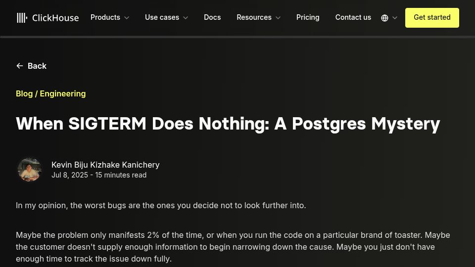 Screenshot of clickhouse.com: When Sigterm Does Nothing: A Postgres Mystery