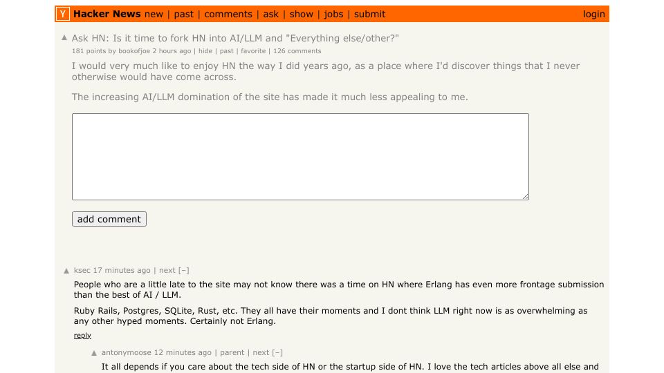 Screenshot of Hacker News post: Ask HN: Is it time to fork HN into AI/LLM and "Everything else/other?"