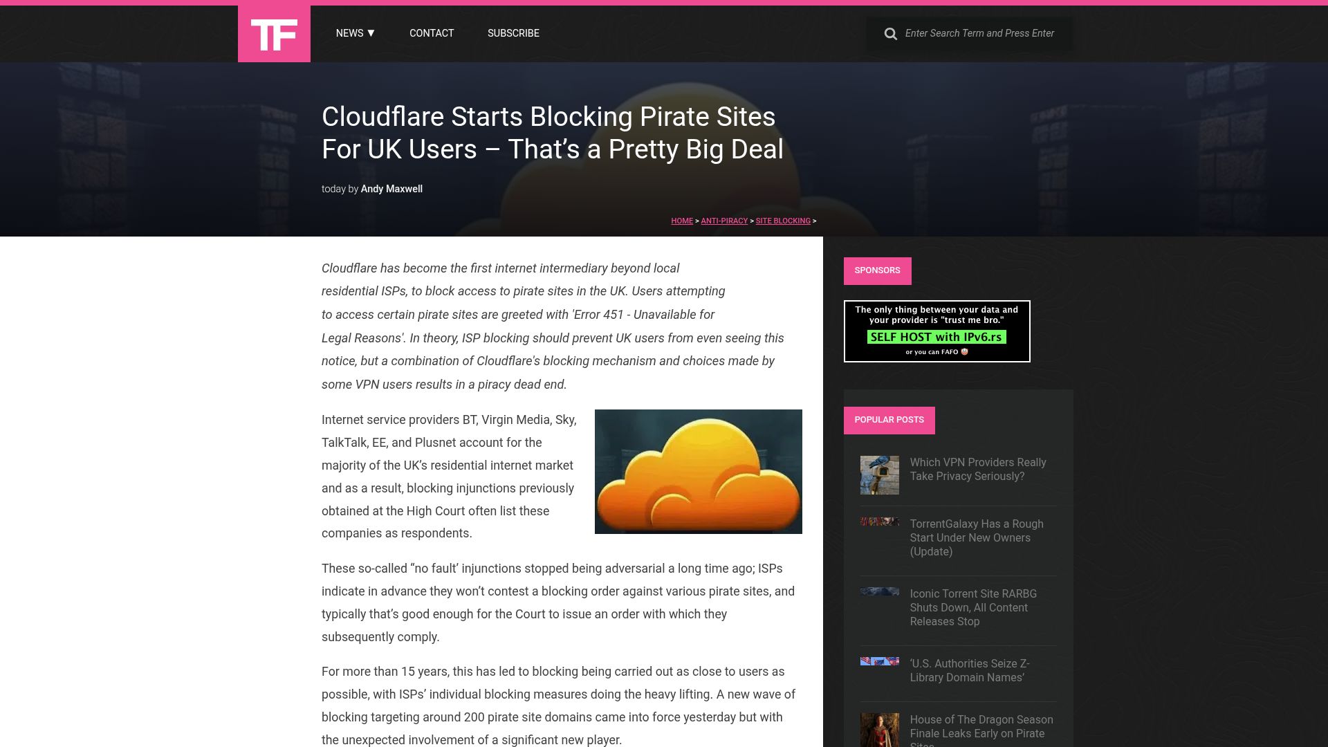 Screenshot of torrentfreak.com: Cloudflare starts blocking pirate sites for UK users