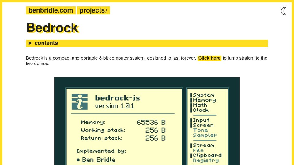 Screenshot of benbridle.com: Show HN: Bedrock – An 8-bit computing system for running programs anywhere