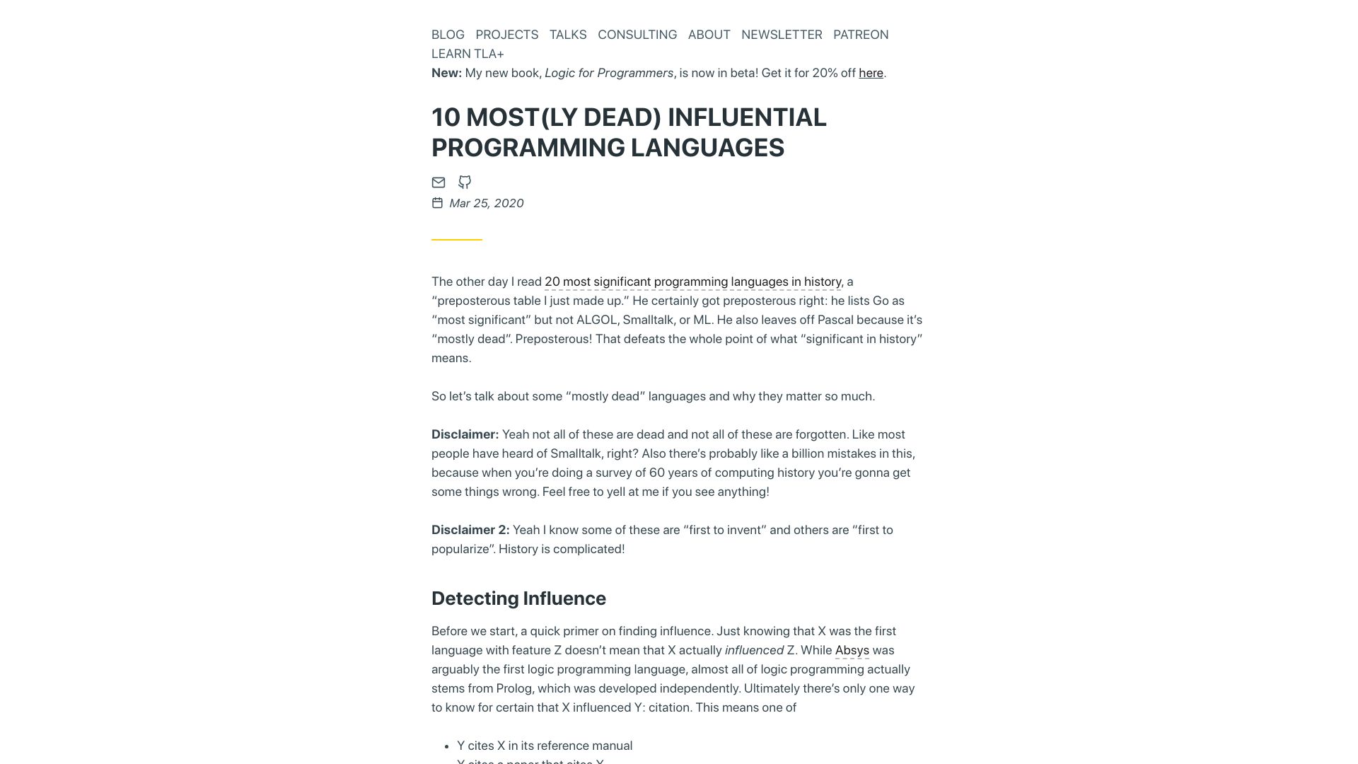 Screenshot of hillelwayne.com: Mostly dead influential programming languages (2020)