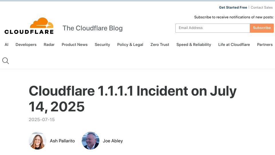 Screenshot of blog.cloudflare.com: Cloudflare 1.1.1.1 Incident on July 14, 2025