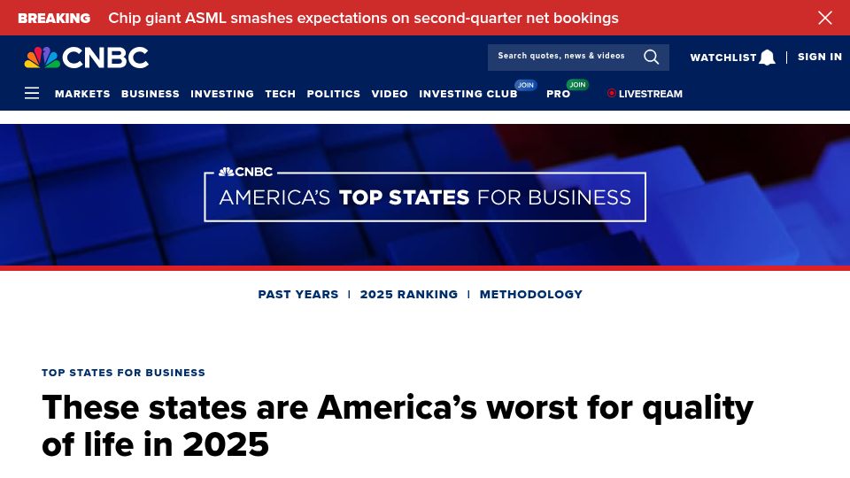 Screenshot of cnbc.com: These states are America's worst for quality of life in 2025