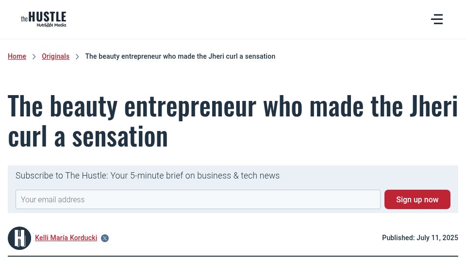Screenshot of thehustle.co: The beauty entrepreneur who made the Jheri curl a sensation
