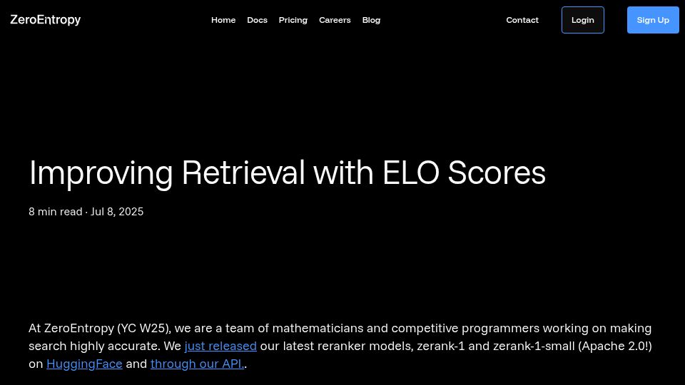 Screenshot of zeroentropy.dev: Show HN: Improving search ranking with chess Elo scores