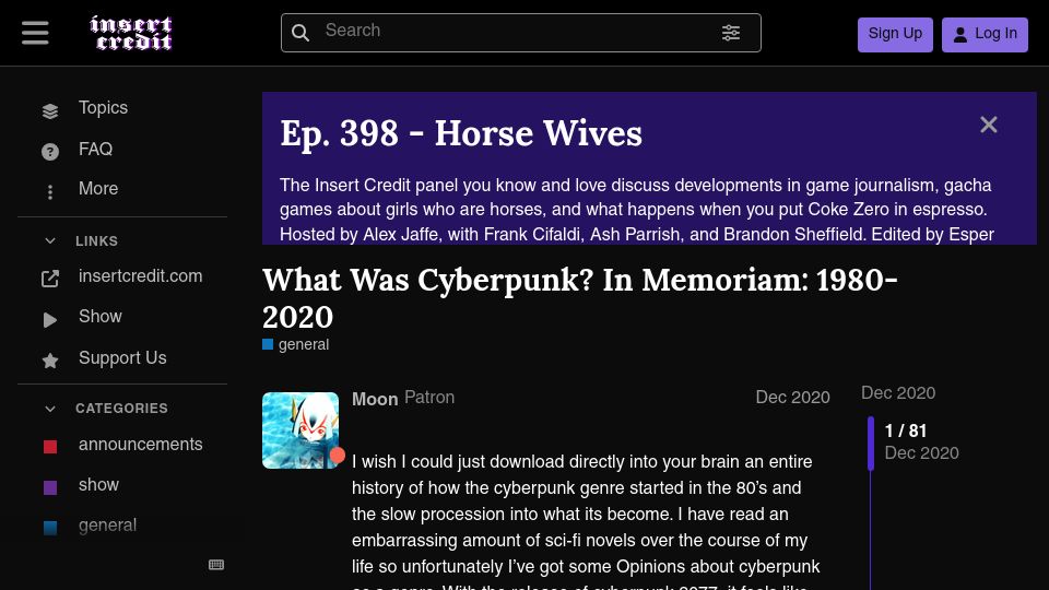 Screenshot of forums.insertcredit.com: What Was Cyberpunk? In Memoriam: 1980-2020 (2020)