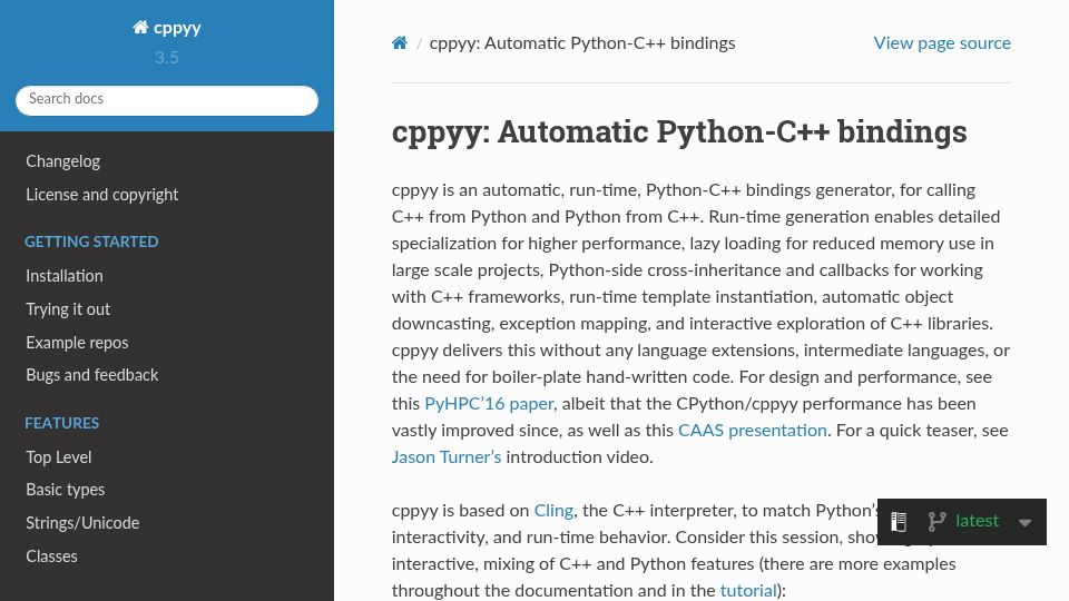 Screenshot of cppyy.readthedocs.io: cppyy: Automatic Python-C++ Bindings