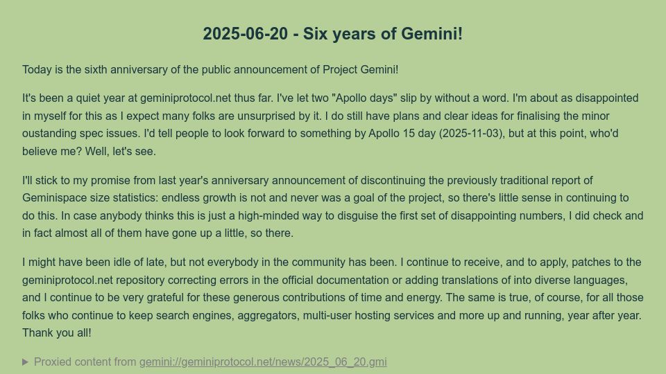 Screenshot of geminiprotocol.net: Six Years of Gemini