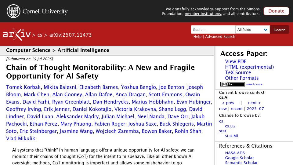 Screenshot of arxiv.org: Chain of thought monitorability: A new and fragile opportunity for AI safety