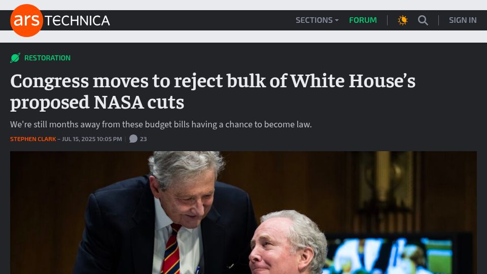Screenshot of arstechnica.com: Congress moves to reject bulk of White House's proposed NASA cuts
