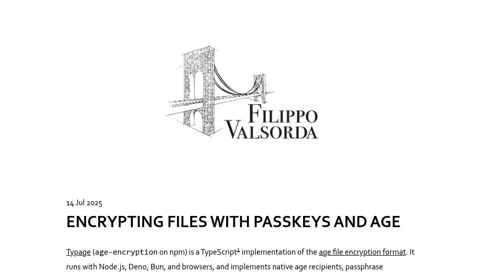 Screenshot of words.filippo.io: Encrypting files with passkeys and age