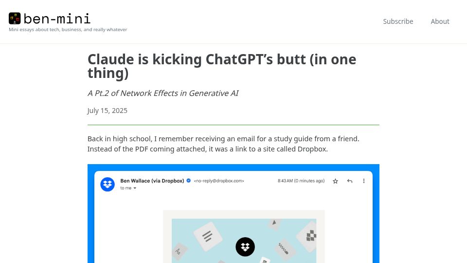 Screenshot of ben-mini.com: Unlike ChatGPT, Anthropic has doubled down on Artifacts