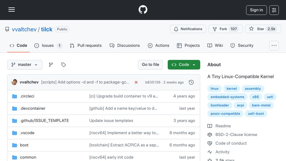 Screenshot of github.com: Tilck: A tiny Linux-compatible kernel