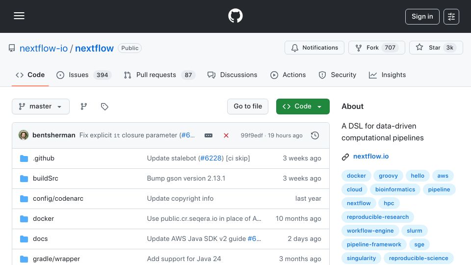 Screenshot of github.com: Nextflow: System for creating scalable, portable, reproducible workflows