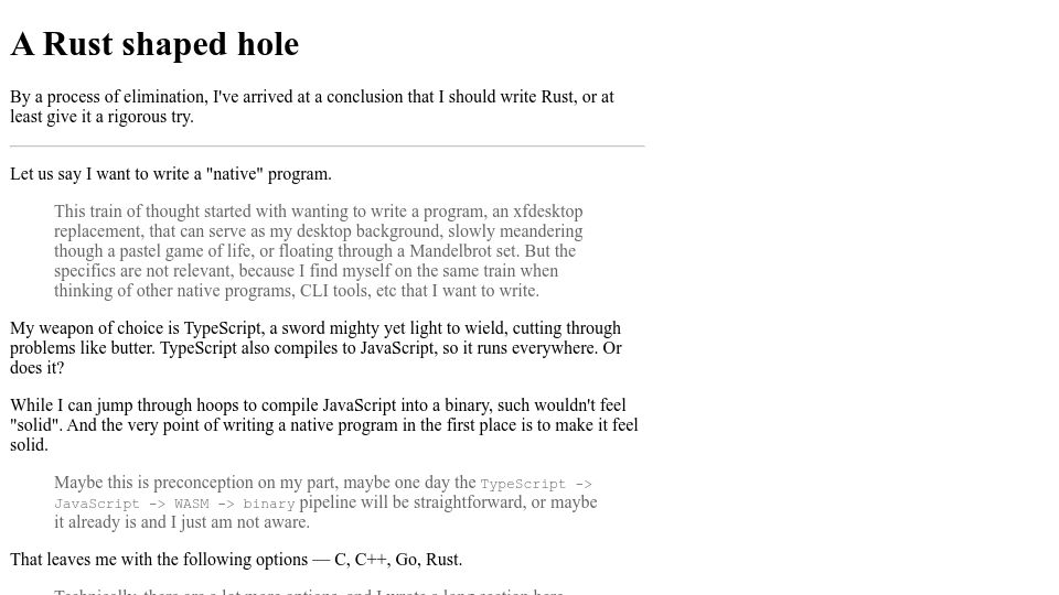 Screenshot of mnvr.in: A Rust shaped hole