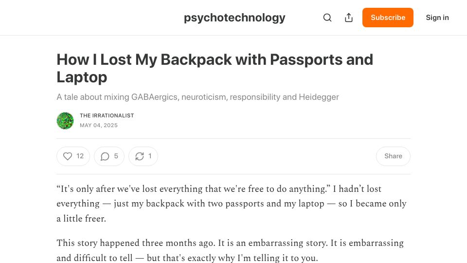 Screenshot of psychotechnology.substack.com: How I lost my backpack with passports and laptop