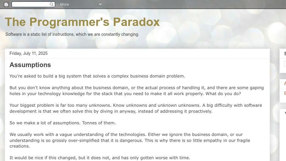 Screenshot of theprogrammersparadox.blogspot.com: Assumptions