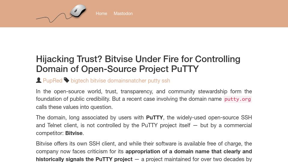 Screenshot of blog.pupred.com: Hijacking Trust? Bitvise Under Fire for Controlling Domain of FOSS Project PuTTY