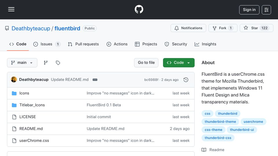Screenshot of github.com: Thunderbird: Fluent Windows 11 Design