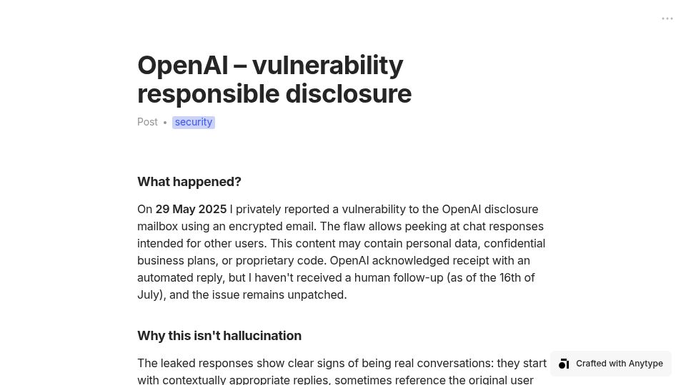 Screenshot of requilence.any.org: OpenAI – vulnerability responsible disclosure