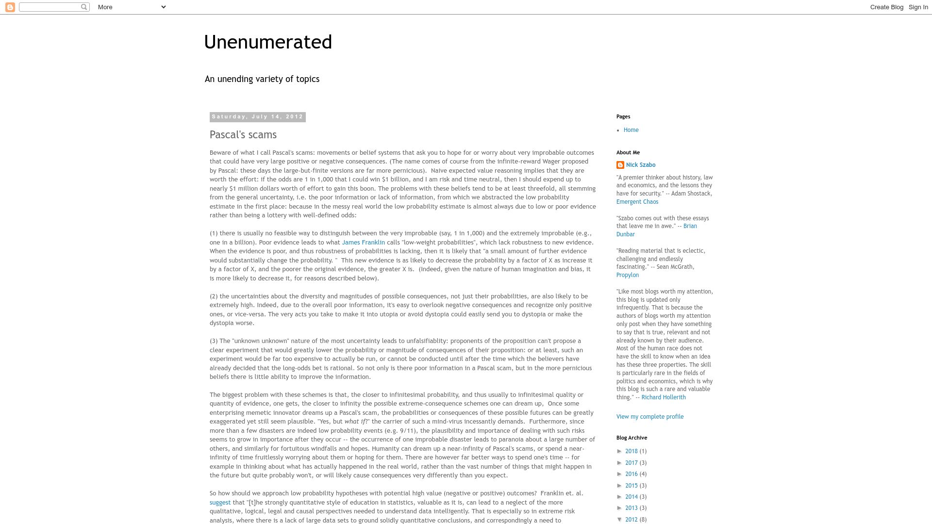 Screenshot of unenumerated.blogspot.com: Pascal's Scams (2012)