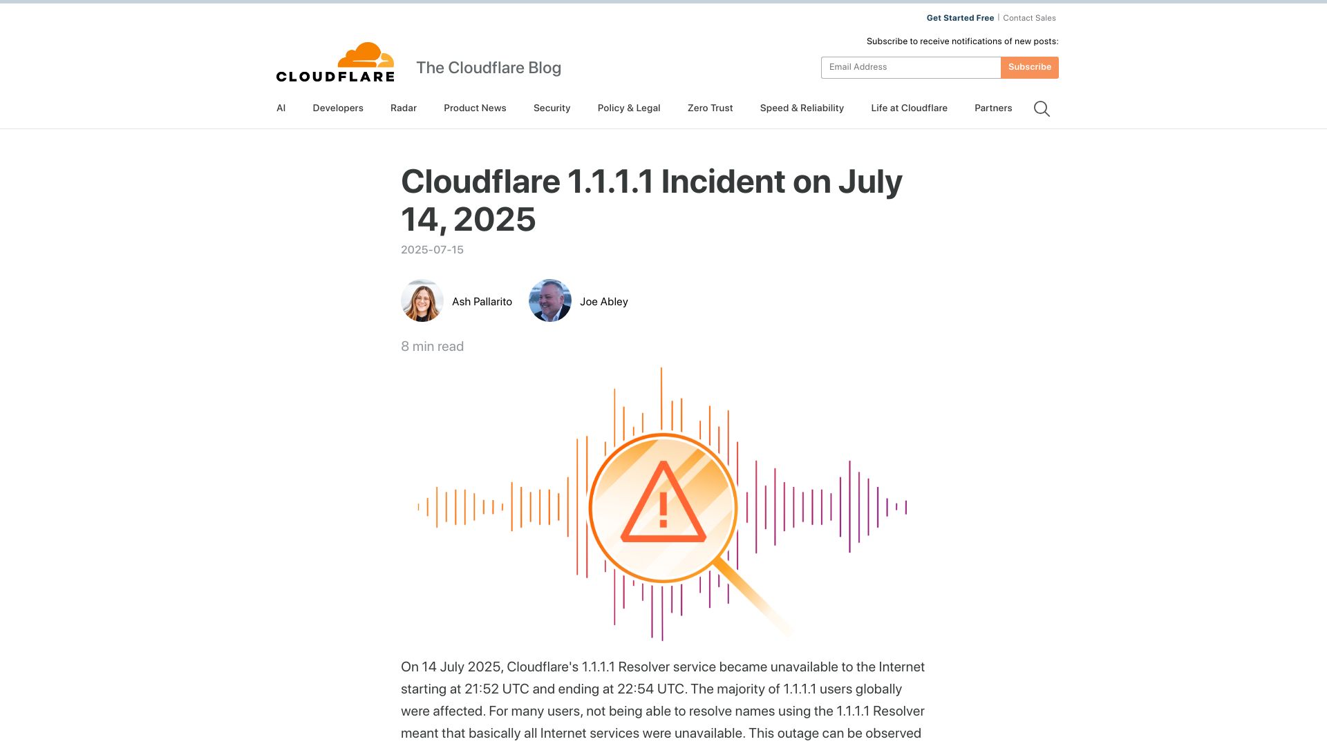Screenshot of blog.cloudflare.com: Cloudflare 1.1.1.1 Incident on July 14, 2025