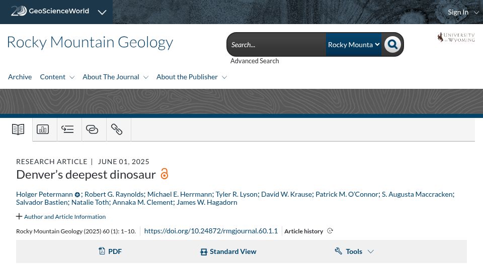 Screenshot of pubs.geoscienceworld.org: Denver's Deepest Dinosaur