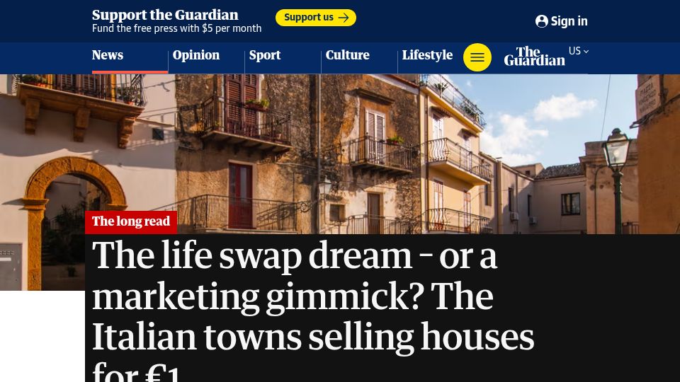 Screenshot of theguardian.com: The Italian towns selling houses for €1