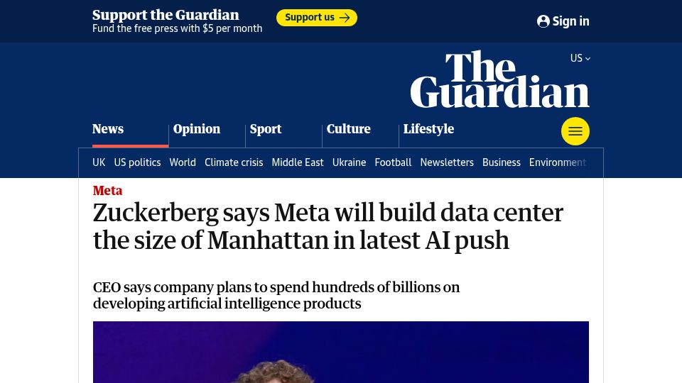 Screenshot of theguardian.com: Zuckerberg says Meta will build a data center the size of Manhattan in AI push