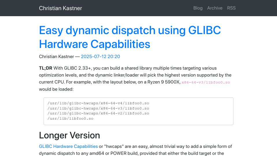Screenshot of kvr.at: Easy dynamic dispatch using GLIBC Hardware Capabilities