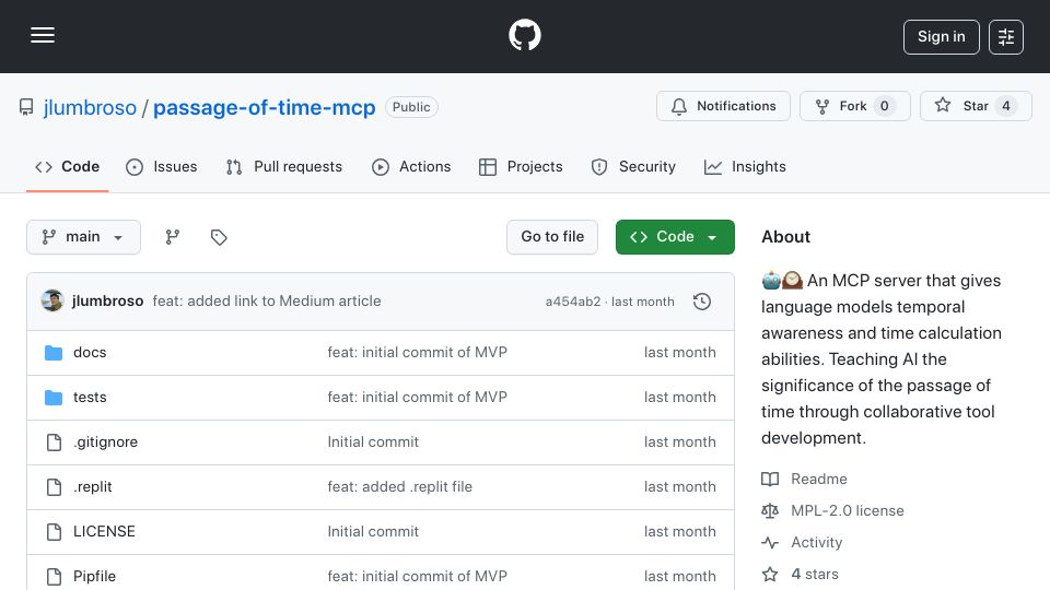Screenshot of github.com: Show HN: An MCP server that gives LLMs temporal awareness and time calculation