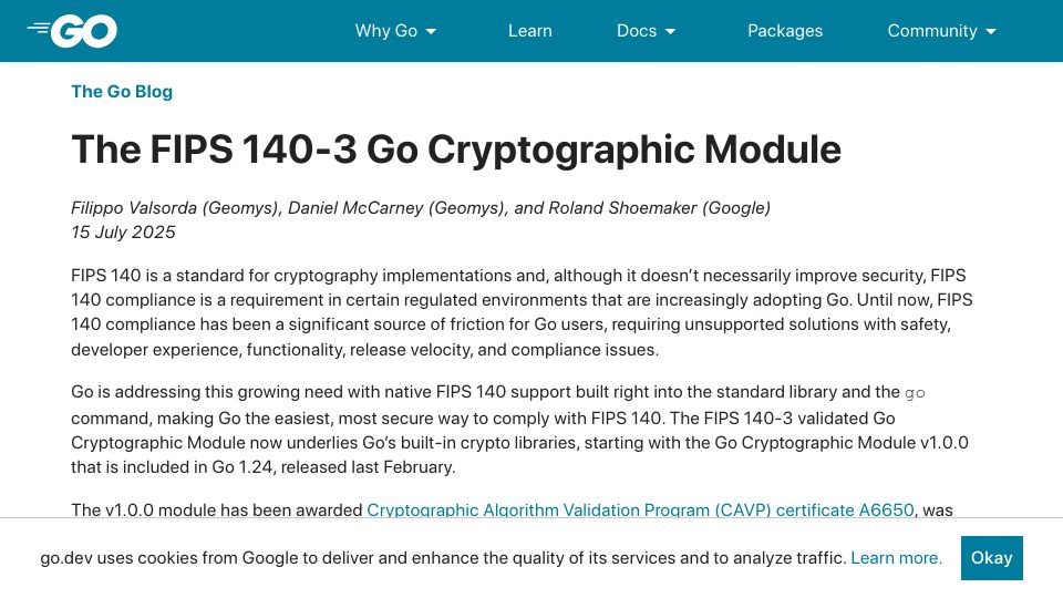 Screenshot of go.dev: The FIPS 140-3 Go Cryptographic Module