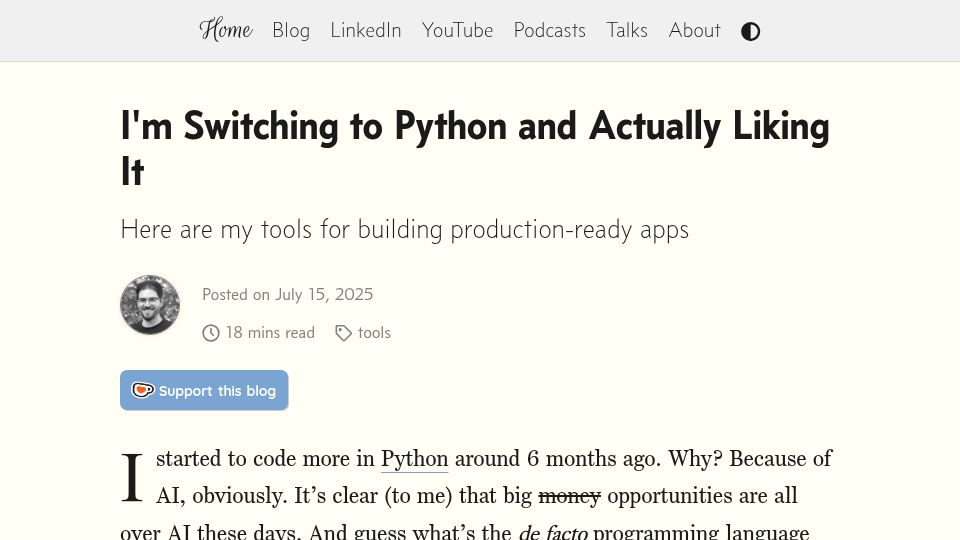 Screenshot of cesarsotovalero.net: I'm switching to Python and actually liking it
