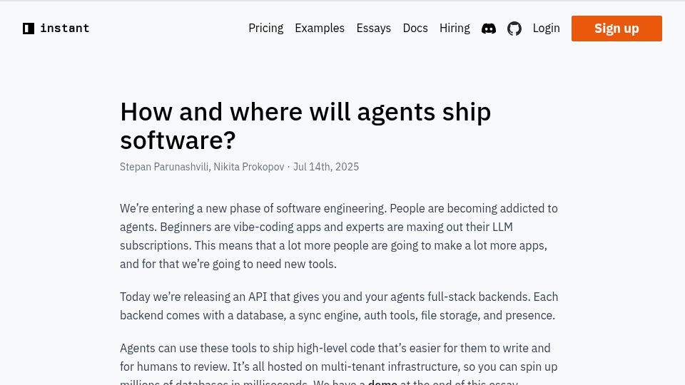 Screenshot of instantdb.com: How and where will agents ship software?