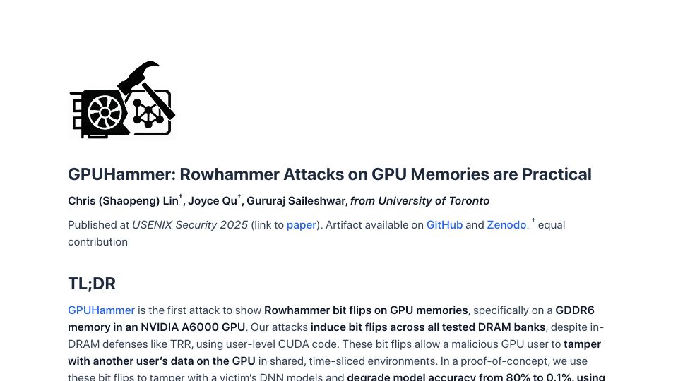 Screenshot of gpuhammer.com: GPUHammer: Rowhammer attacks on GPU memories are practical