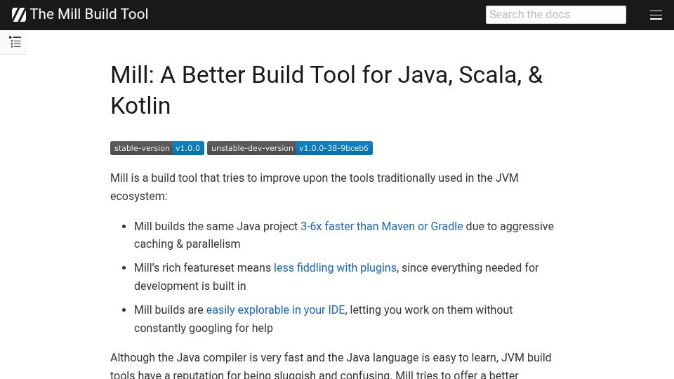 Screenshot of mill-build.org: Mill: A better build tool for Java, Scala, and Kotlin