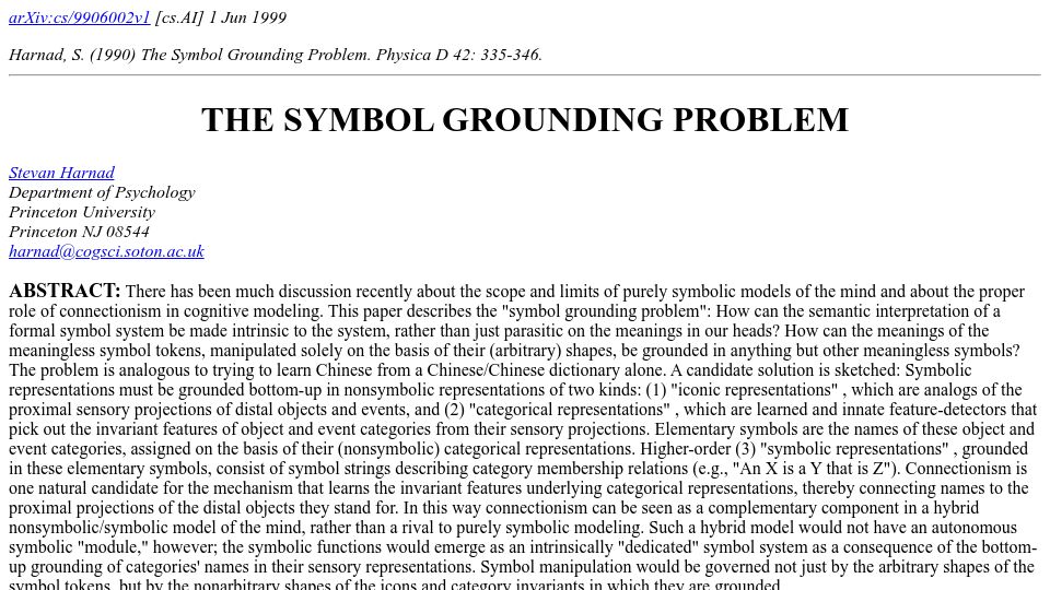 Screenshot of arxiv.org: The Symbol Grounding Problem (1990)