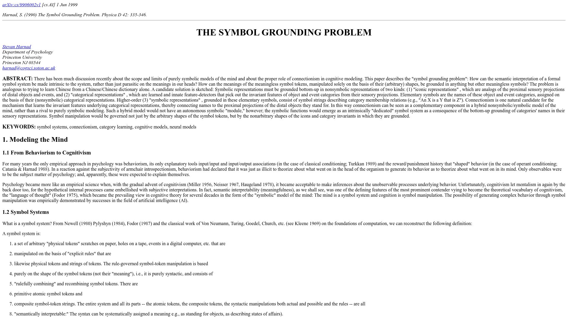 Screenshot of arxiv.org: The Symbol Grounding Problem (1990)